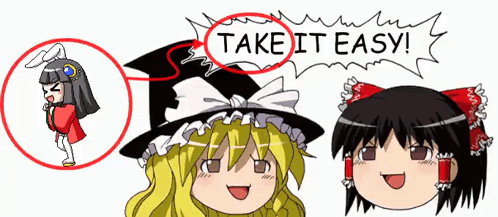 Two Anime Girls Are Standing Next To Each Other With A Take It Easy Speech Bubble Above Them GIF
