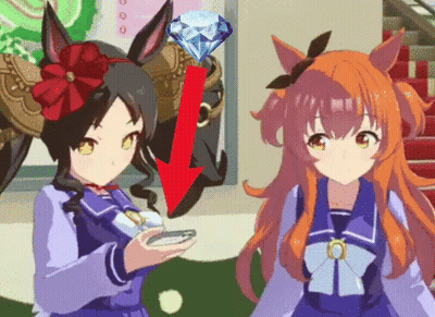 Two Anime Girls Are Standing Next To Each Other With An Arrow Pointing To A Diamond In The Background GIF