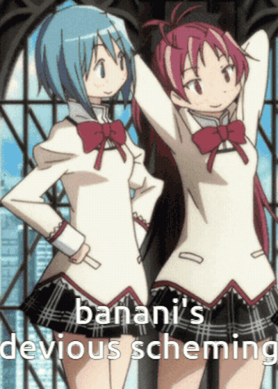 Two Anime Girls Are Standing Next To Each Other With The Words " Banani 'S Devious Scheming " On The Bottom GIF