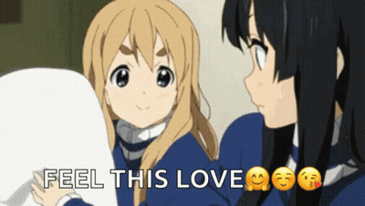 Two Anime Girls Are Standing Next To Each Other With The Words Feel This Love GIF