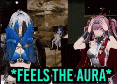 Two Anime Girls Are Standing Next To Each Other With The Words * Feels The Aura * Written Above Them GIF