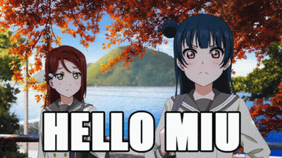 Two Anime Girls Are Standing Next To Each Other With The Words Hello Miu Written In White GIF