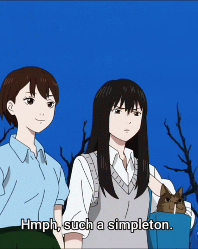 Two Anime Girls Are Standing Next To Each Other With The Words Hmph Such A Simpleton GIF