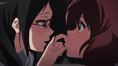 Two Anime Girls Are Touching Noses And One Has Glasses On GIF