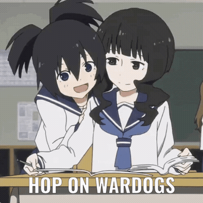 Two Anime Girls At Desk Saying Hop On Wardogs GIF