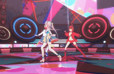 Two Anime Girls Dancing On Stage With Speakers GIF