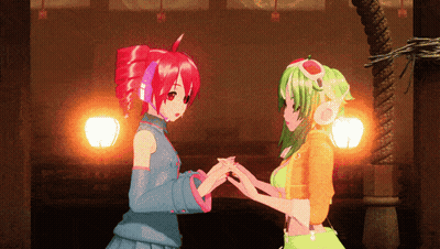 Two Anime Girls Holding Hands In Room GIF