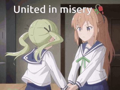 Two Anime Girls Holding Hands United In Misery GIF