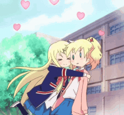 Two Anime Girls Hugging Each Other In Front Of A Building With Hearts In The Sky GIF