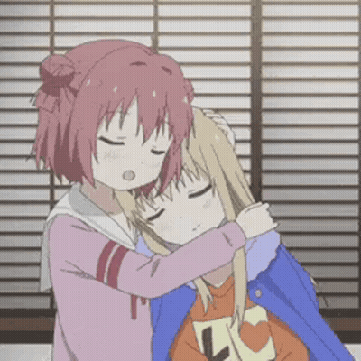 Two Anime Girls Hugging Each Other In Front Of A Window With Blinds . GIF