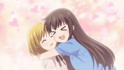 Two Anime Girls Hugging Each Other With Hearts Flying In The Background GIF
