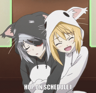 Two Anime Girls Hugging With The Words Hop On Schedule I On The Bottom GIF