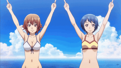 Two Anime Girls In Bikinis Holding Up Arms GIF