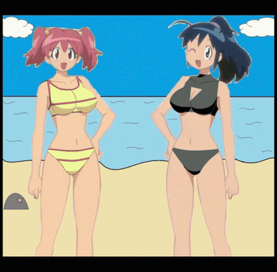 Two Anime Girls In Bikinis Stand On A Beach GIF
