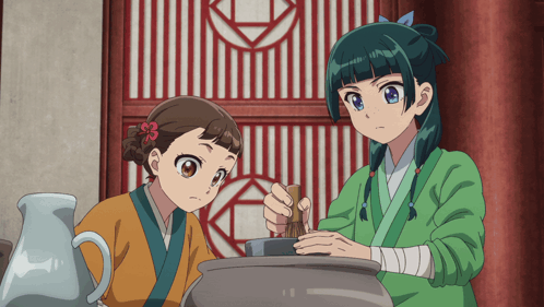 Two Anime Girls In Front Of Striped Wall GIF