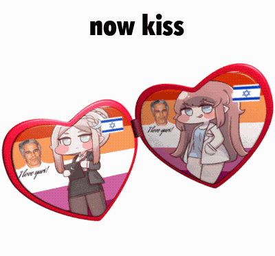 Two Anime Girls In Heart Frames Saying Now Kiss GIF