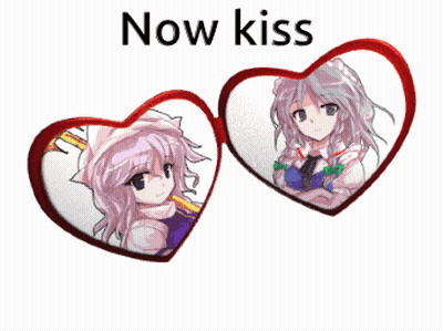 Two Anime Girls In Heart Frames Saying Now Kiss GIF