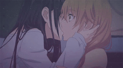 Two Anime Girls Kissing Each Other On The Cheek GIF