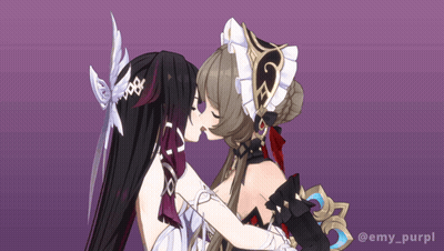 Two Anime Girls Kissing On Purple Background Emy Purpl GIF