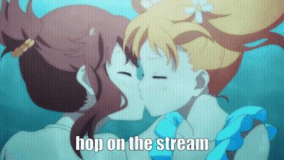 Two Anime Girls Kissing Saying Hop On Stream GIF