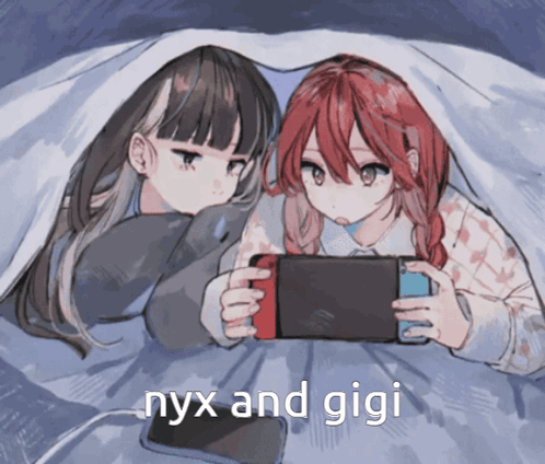 Two Anime Girls Laying Under A Blanket Looking At A Nintendo Switch With The Words Nyx And Gigi Above Them GIF
