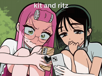 Two Anime Girls Looking At Cell Phone With Kit And Ritz GIF