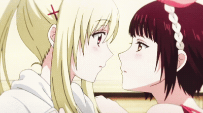 Two Anime Girls Looking At Each Other One With Cross On Head GIF