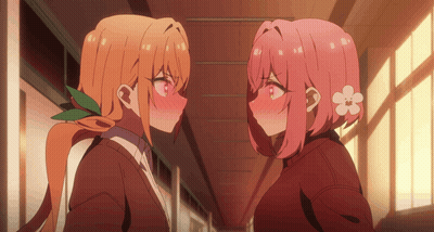 Two Anime Girls Looking At Each Other One With Flower In Hair GIF