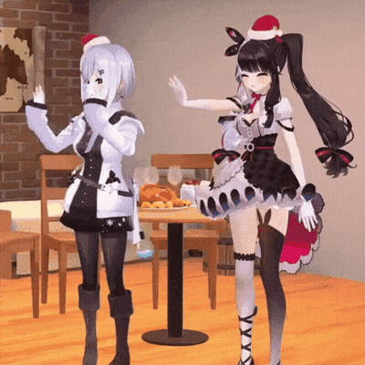 Two Anime Girls Next To Table With Turkey GIF