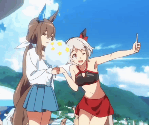 Two Anime Girls One Holding Cotton Candy One Taking Picture GIF