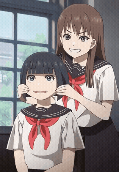Two Anime Girls One Putting Red Scarf Around Other GIF