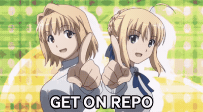 Two Anime Girls Pointing At The Viewer With The Words Get On Repo In The Upper Right Corner GIF