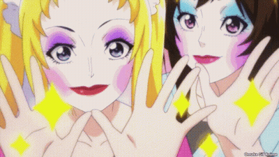Two Anime Girls Posing, One Purple Eye GIF