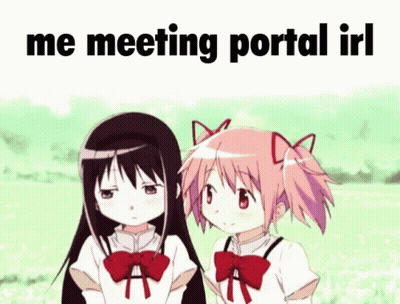Two Anime Girls Saying Me Meeting Portal IRL GIF