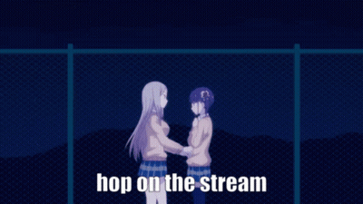 Two Anime Girls Shaking Hands Saying Hop On The Stream GIF
