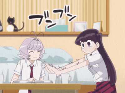 Two Anime Girls Sitting At Table With Cat On Shelf GIF
