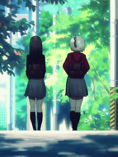Two Anime Girls Standing Backs To Camera GIF