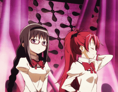 Two Anime Girls Standing Beside Pink Curtain GIF