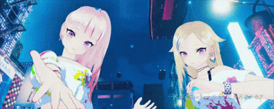 Two Anime Girls Standing By Plaza Building GIF