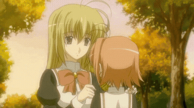 Two Anime Girls Standing In Forest GIF
