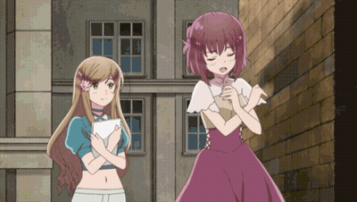 Two Anime Girls Standing In Front Of Brick Building GIF