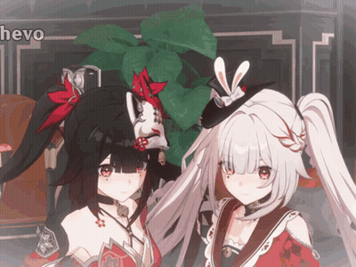 Two Anime Girls Standing Next To Each Other With Hevo GIF