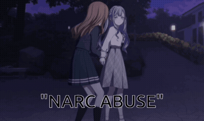 Two Anime Girls Standing Next To Each Other With The Words " Narc Abuse " Written Above Them GIF