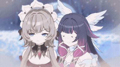 Two Anime Girls Standing, One With Purple Hair GIF