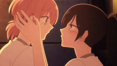 Two Anime Girls Touching Each Other 'S Faces With Their Hands GIF