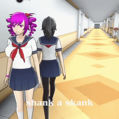 Two Anime Girls Walking Down Hallway Saying Shank A Skank GIF