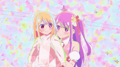 Two Anime Girls With Arms Outstretched Colorful Background GIF
