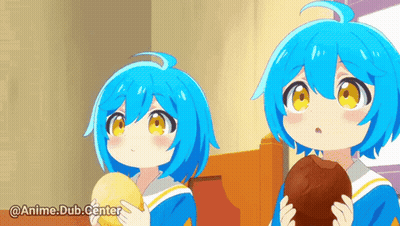 Two Anime Girls With Blue Hair And Yellow Eyes Are Holding A Donut GIF