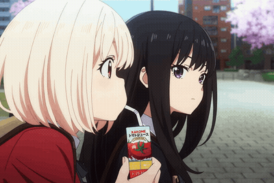 Two Anime Girls With Kagome Tomato Juice GIF