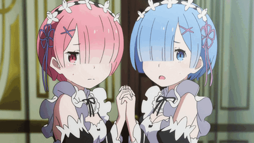 Two Anime Girls With Pink Hair And Blue Hair Are Holding Hands GIF